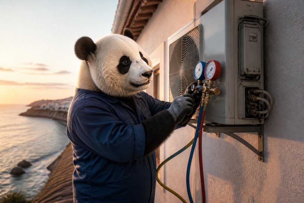 Un oso panda con mono de trabajo azul revisando una unidad exterior inverter montada en la pared de una vivienda costera, con un manómetro en la pata y luz cálida de atardecer mediterráneo