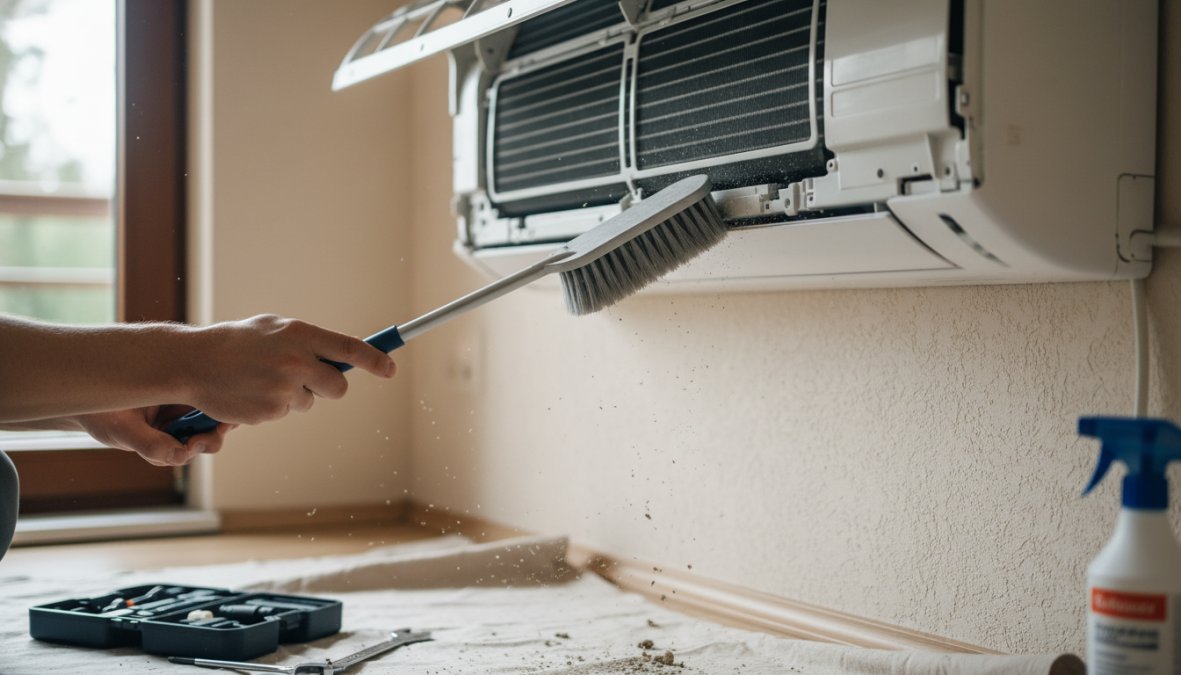 A technician in a uniform carefully cleaning a dirty air conditioning filter with a soft brush, with the indoor split unit open on a white wall in a bright residential room with white furniture and natural lighting