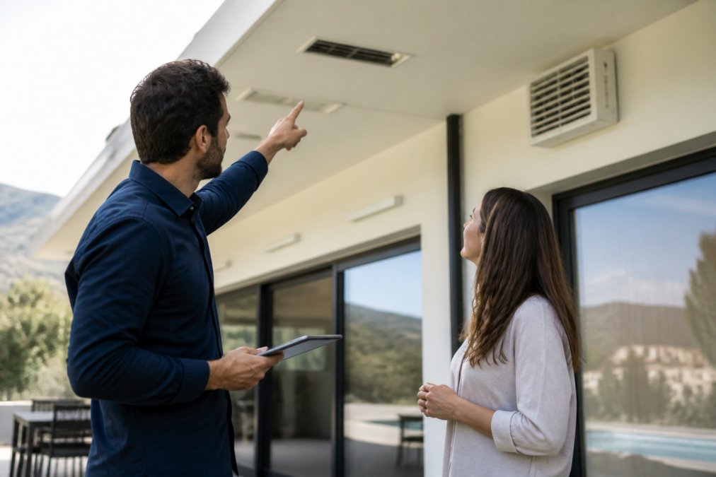 Un lince observando atentamente las unidades interiores ocultas en falso techo y la unidad exterior de aire acondicionado por conductos en la fachada de una villa moderna, contrastando con un gato mirando las unidades interiores visibles en la pared de un sistema split