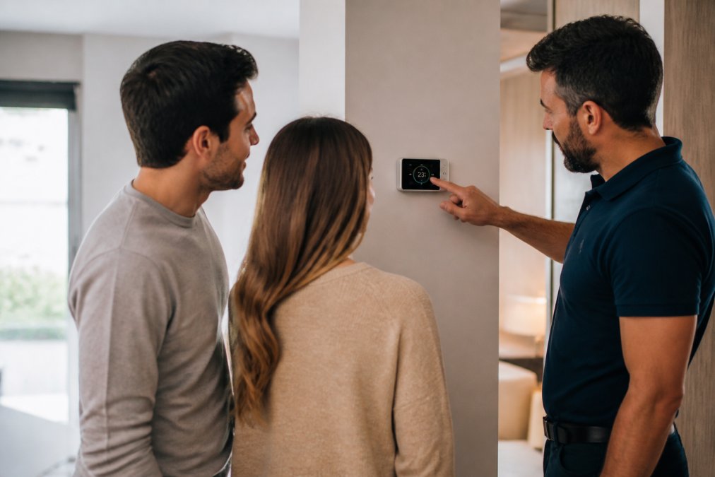 Un búho sabio observando atentamente un panel de control digital Airzone montado en la pared, rodeado de termostatos inalámbricos de diferentes colores en varias habitaciones de una villa moderna