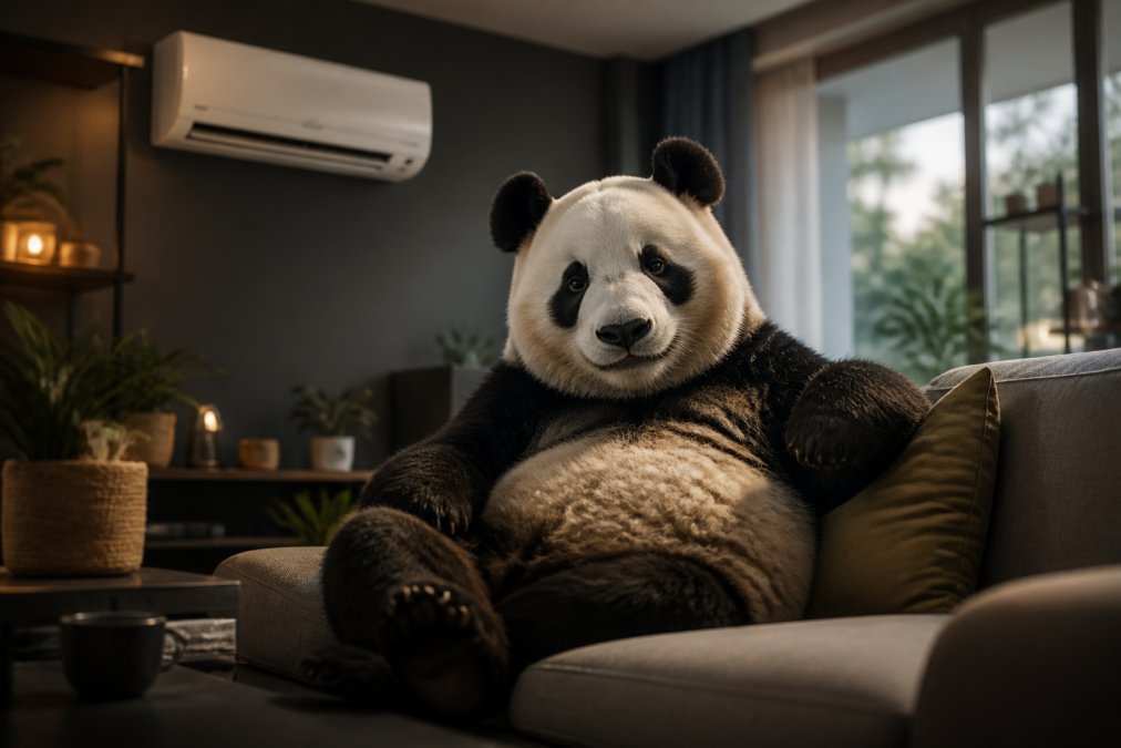 Un oso panda relajado en una habitación fresca y moderna, con una unidad de aire acondicionado split de diseño elegante en la pared, mirando tranquilamente hacia la cámara