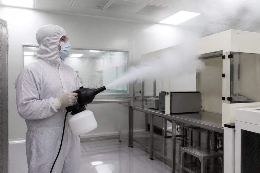 Technician conducting a smoke study in a cleanroom environment, holding a handheld fogger device while observing tracer particle flow patterns around equipment and workspaces under bright overhead lighting