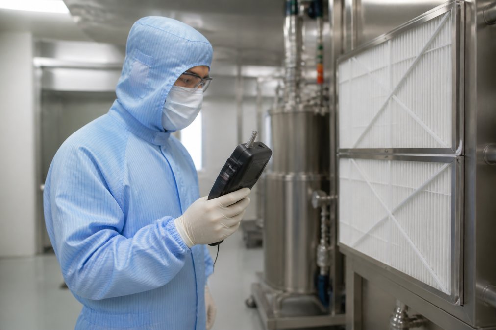 Quality assurance professional using a handheld particle counter device in a pharmaceutical cleanroom, with monitoring equipment and HEPA filtration systems visible in the background under controlled lighting