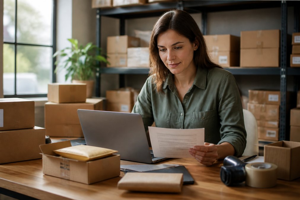 Small business owner reviewing air freight shipment details on a laptop in a modern warehouse office, with cardboard boxes and shipping labels visible in soft natural light