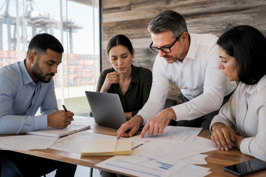Logistics team collaborating around a table with shipping documents, rate sheets, and a laptop displaying freight data and carrier comparisons in a professional office with natural light