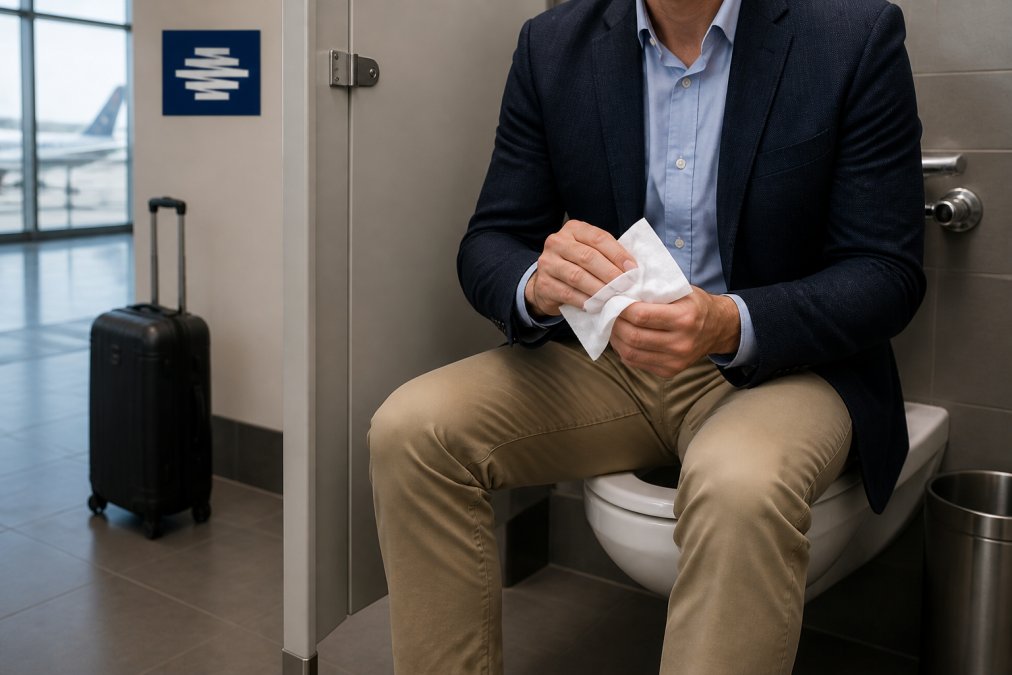 Traveler in business casual attire refreshing with a body wipe inside an airport restroom stall with luggage nearby