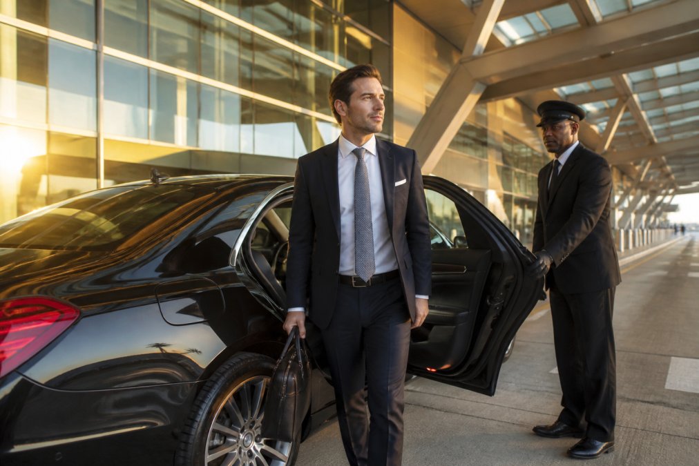 Professional business traveler in dark suit exiting a luxury sedan at an airport terminal entrance, driver in uniform visible opening door in background, morning sunlight on glass terminal facade