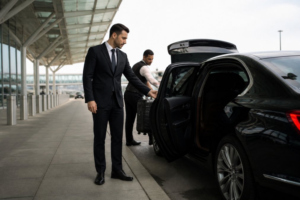 Chauffeur in a suit loading luggage into a luxury sedan for airport transfers beginners at the terminal curb