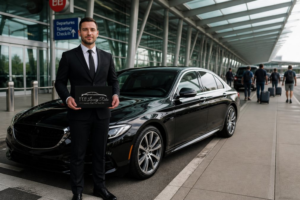 Professional chauffeur in formal dark suit standing beside a pristine black luxury sedan at airport terminal entrance, holding a nameplate, modern airport architecture and travelers visible in background