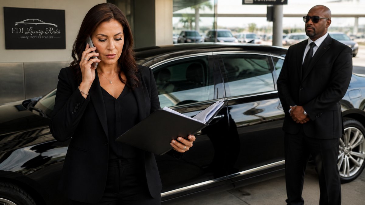 Professional transportation coordinator reviewing flight information and vehicle assignments on tablet while communicating with driver via phone