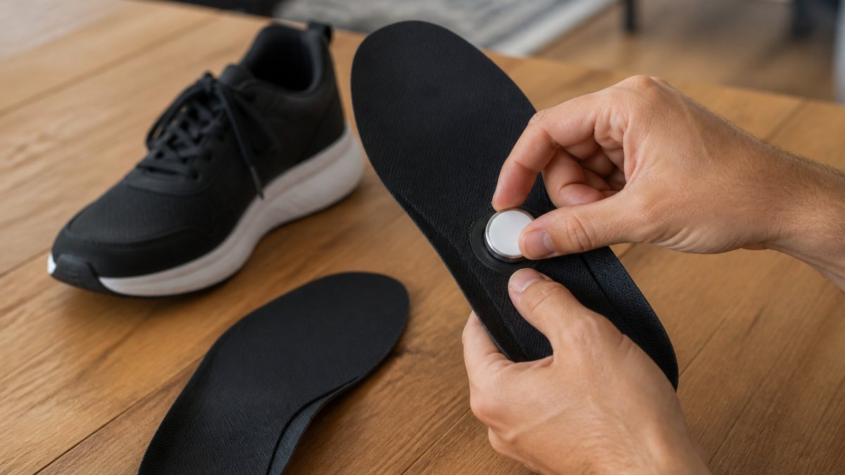 Close-up of a person's hands inserting a small round tracker into the arch cutout of a shoe insole, with a shoe and second insole on a wooden table in daylight
