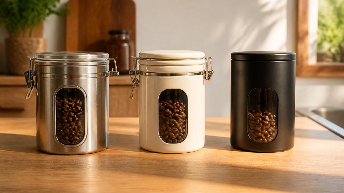 Three different coffee canisters, brushed stainless steel, cream ceramic, and opaque black plastic, displayed on a light wood kitchen counter with whole coffee beans visible inside each, warm morning sunlight casting soft shadows