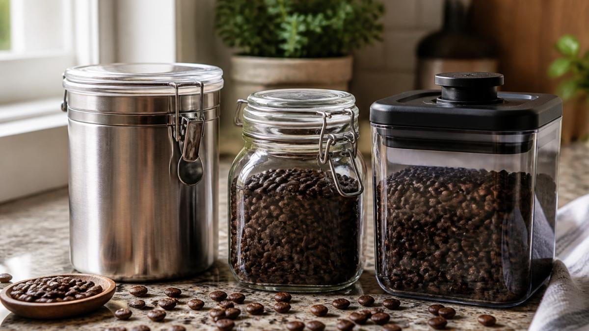 Stainless steel, glass, and vacuum-sealed canisters with scattered coffee beans on a bright kitchen counter