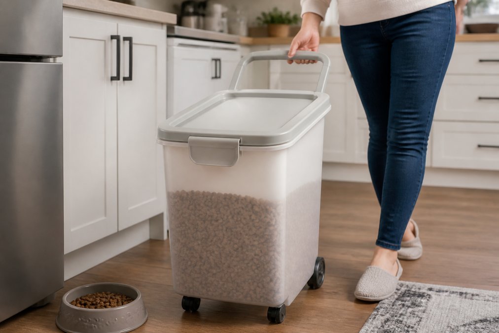 A wheeled pet food storage container positioned in a kitchen or utility room, showing the ergonomic handle and mobility in a real home setting