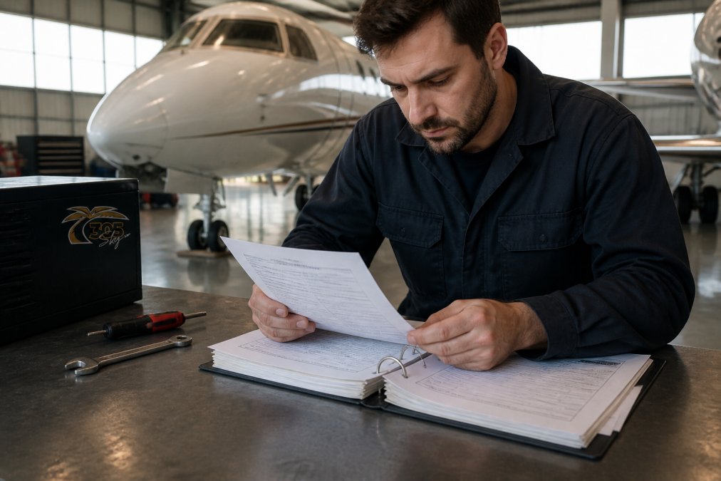 Certified aircraft mechanic reviewing maintenance documentation and an airworthiness directive notice on a workbench in an aircraft hangar, with natural hangar lighting and aircraft visible in background