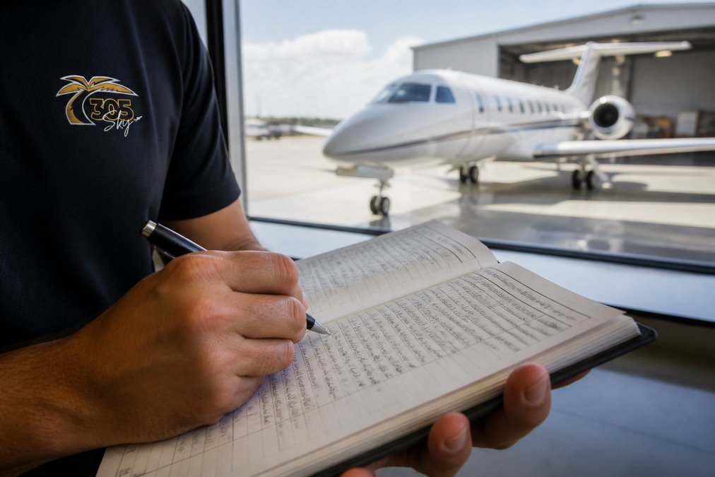 Close-up of hands holding a maintenance logbook and pen, with an aircraft visible in the background through a hangar window, showing proper record documentation with clear handwriting and dates