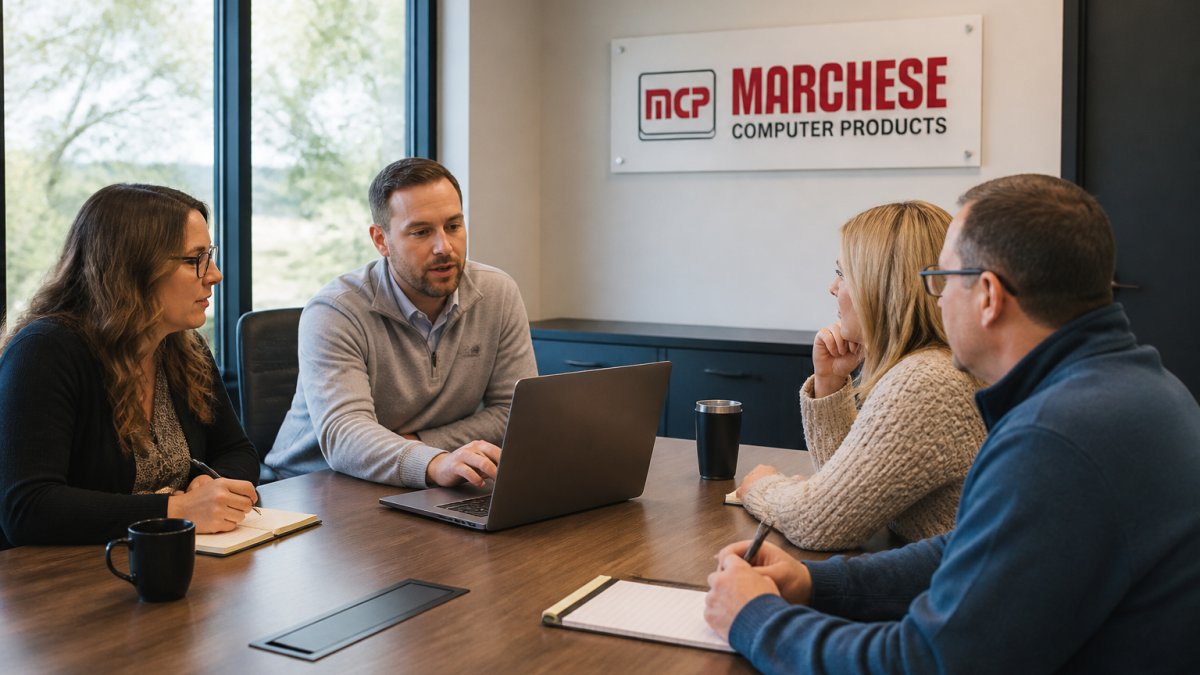 Business team in modern conference room reviewing IT solutions on laptop screen, with notebooks and coffee cups on table, natural window lighting