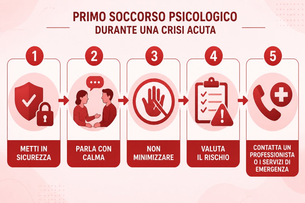 Diagramma di flusso a 5 passi del primo soccorso psicologico: 1) metti in sicurezza, 2) parla con calma, 3) non minimizzare, 4) valuta il rischio, 5) contatta un professionista o i servizi di emergenza