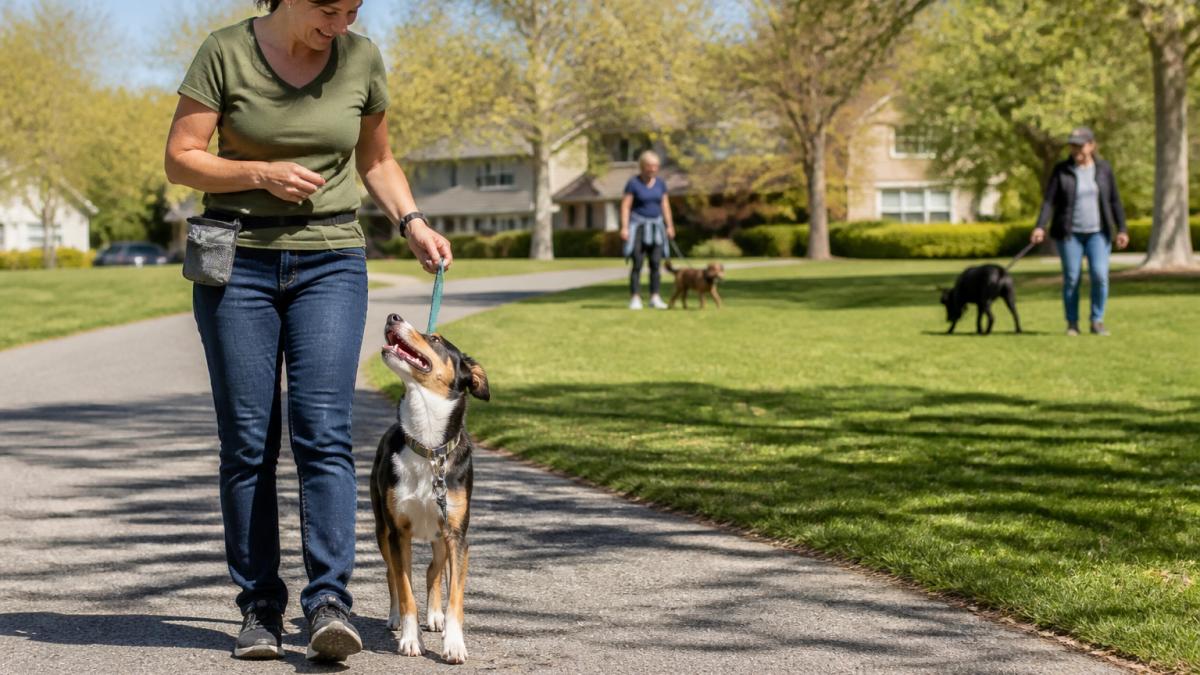 Handler practicing loose-leash walking with a dog to prepare for the canine good citizen test in a park