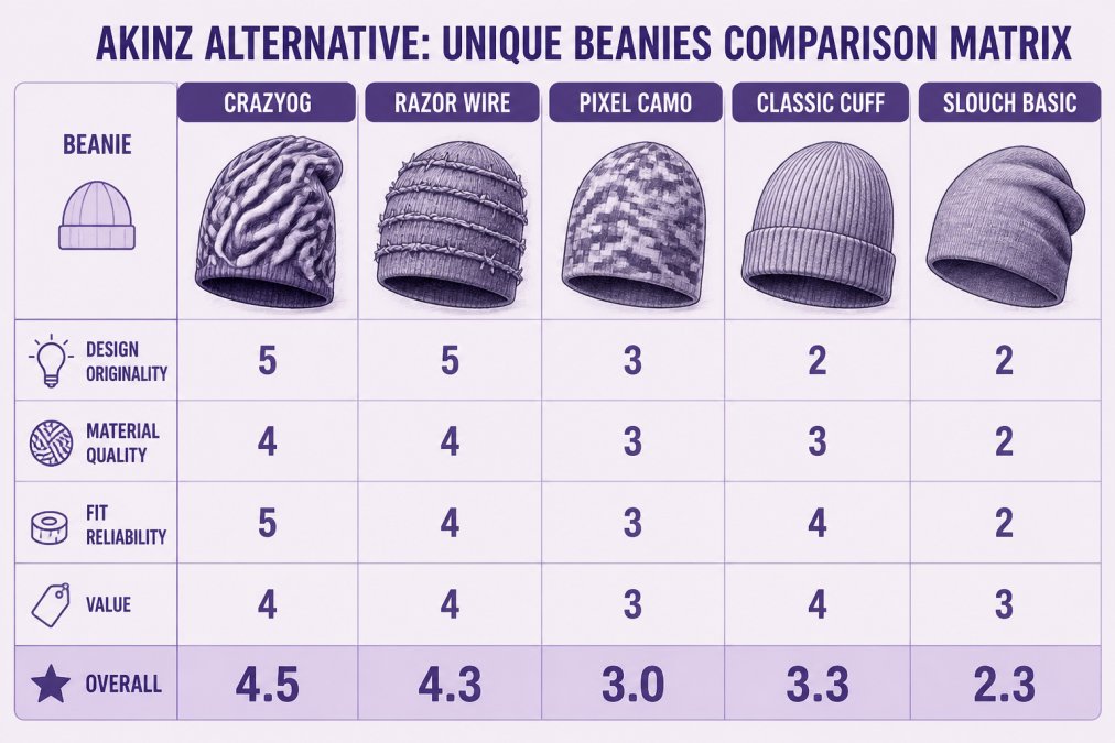 Pencil-sketch comparison matrix of five beanie designs scored 1-5 across design originality, material quality, fit reliability, and value, with CrazyOG and Razor Wire leading on originality