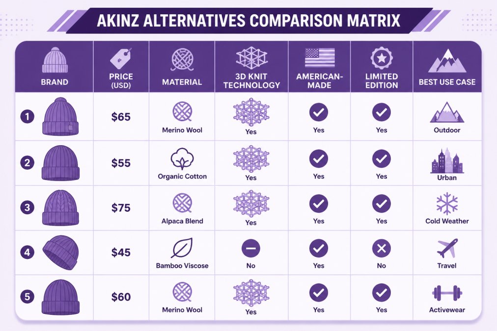 Feature comparison matrix showing 5 akinz alternative for knit hats with columns for brand, price, material, 3D knit technology, American-made status, limited edition availability, and best use case