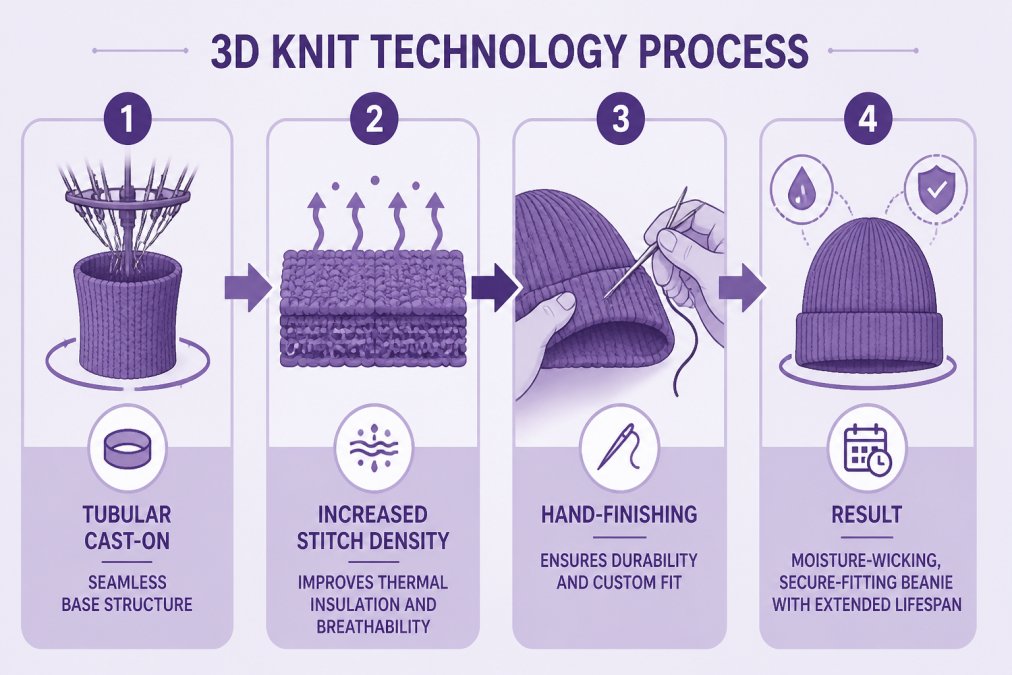 Flowchart showing 3D knit technology process: Step 1 - Tubular cast-on creates seamless base structure, Step 2 - Increased stitch density improves thermal insulation and breathability, Step 3 - Hand-finishing ensures durability and custom fit, Step 4 - Result: moisture-wicking, secure-fitting beanie with extended lifespan