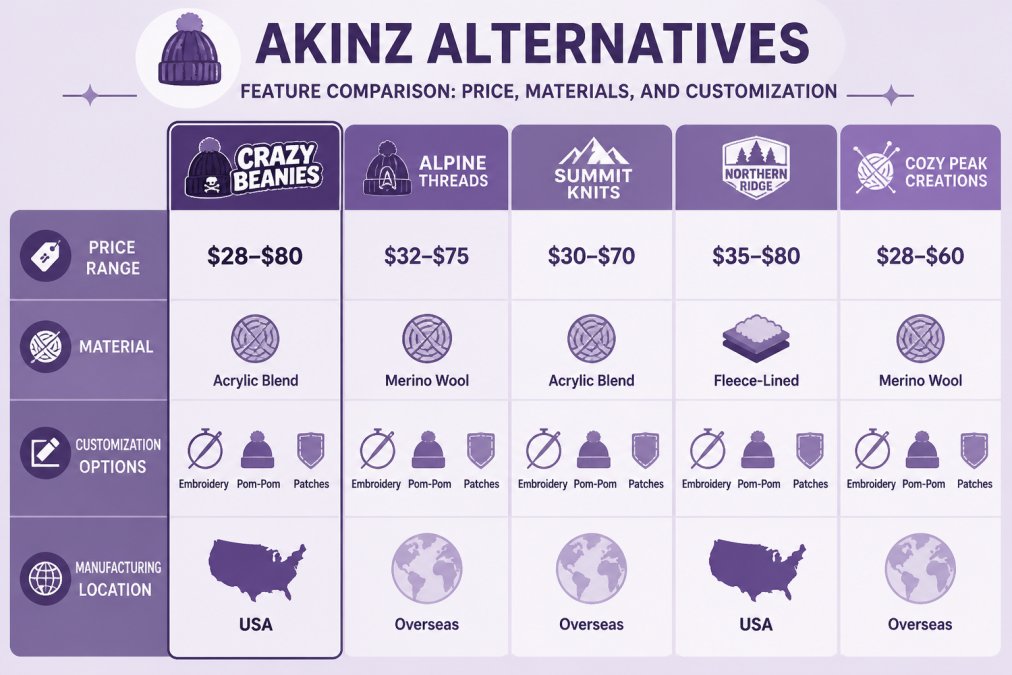 Comparison matrix showing brand name, price range ($28-$80), material (acrylic blend, merino wool, fleece-lined), customization options (embroidery, pom-pom, patches), and manufacturing location (USA, overseas) across 5 handcrafted beanie alternatives