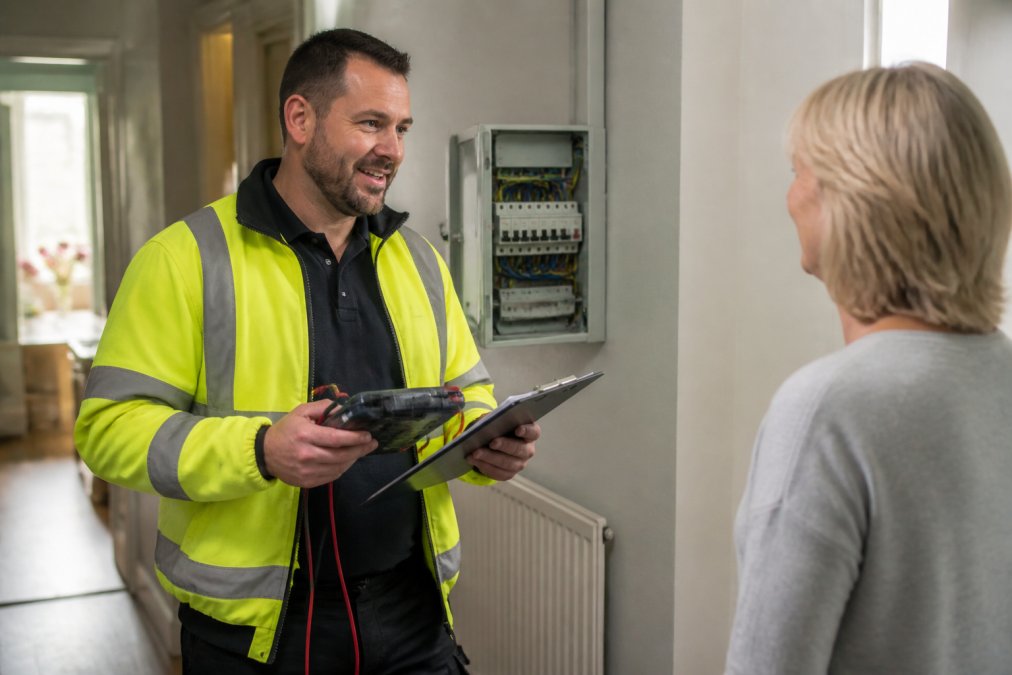 Professional electrician in high-visibility clothing holding testing equipment and clipboard, standing in residential hallway with electrical consumer unit visible in background