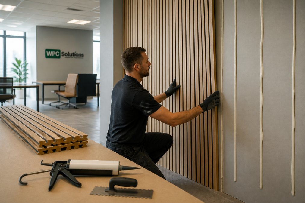 Professional voorzichtig akoestische wandpanelen aan een kantoorwand bevestigt met montagekit en kitpistool, met gereedschap en panelen zichtbaar in een moderne werkruimte