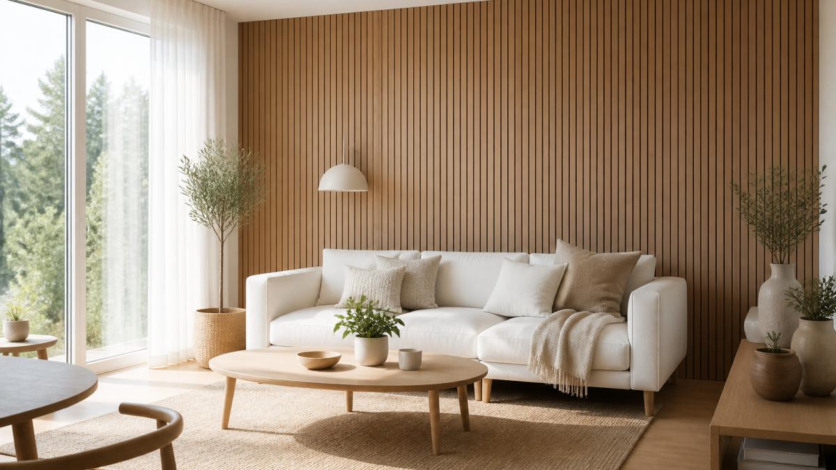 Scandinavische woonkamer met lichte eiken akoestische wandpanelen als accentwand achter zithoek, minimalistisch meubilair in wit en naturel, grote ramen met zacht daglicht, enkele groene planten op lage tafels