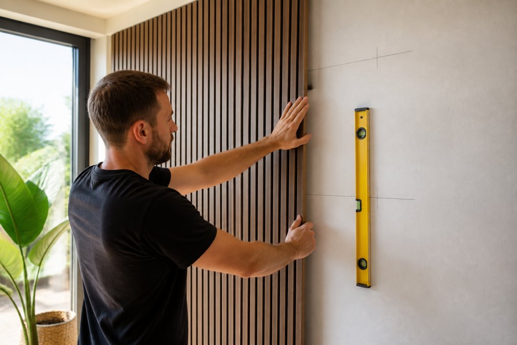 Handen die akoestische wandpanelen monteren met een waterpas en potloodlijnen op de muur in een moderne kamer