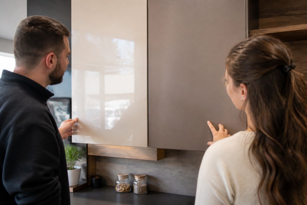 Srovnání dvířek pro kuchyně akrylát: vlevo lesklý povrch s odrazy světla a vpravo matná varianta bez reflexe v moderním