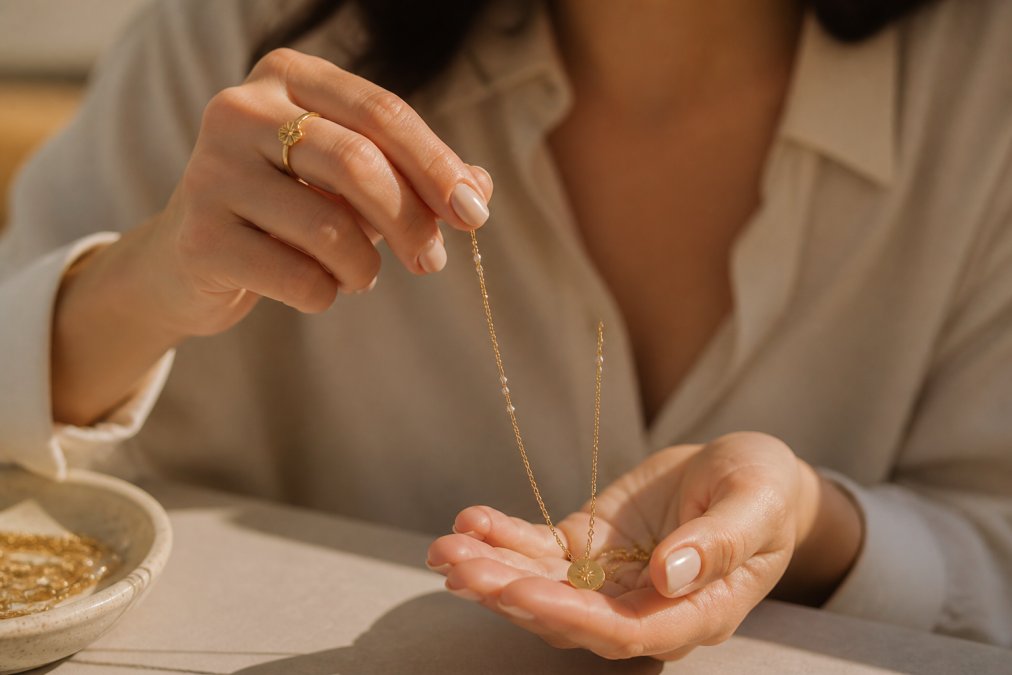 Close-up of a woman's hands gently holding a delicate gold-plated handmade necklace, with soft natural light highlighting the warm metallic shine and fine craftsmanship details