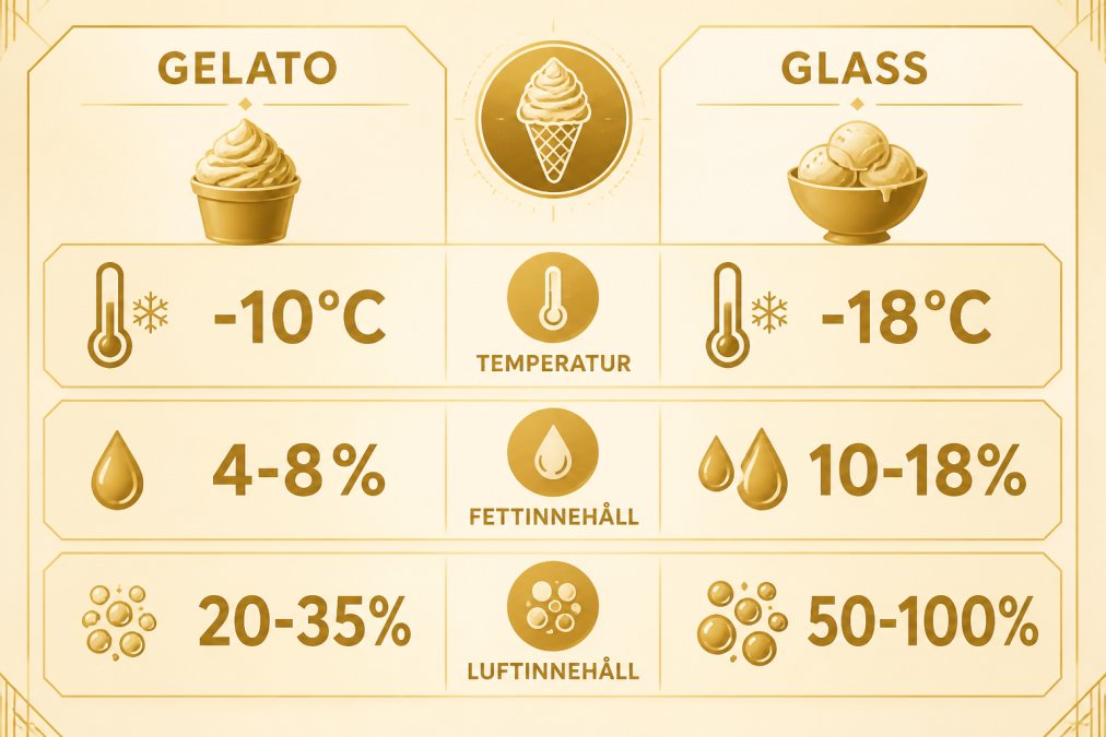 Jämförelsediagram som visar skillnaden mellan gelato och glass: temperatur -10°C vs -18°C, fettinnehåll 4-8% vs 10-18%, luftinnehåll 20-35% vs 50-100%