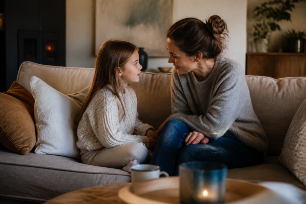 Forelder og barn som snakker sammen på sofaen, varm og trygg atmosfære, åpen kommunikasjon