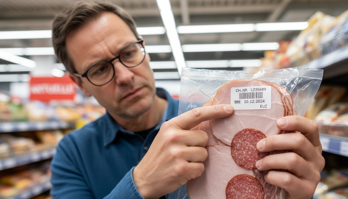 Nahaufnahme eines Mannes, der in einer hellen Küche eine Lebensmittelverpackung hält und das Chargennummer-Etikett sowie den Barcode unter dem Licht einer Deckenlampe genau betrachtet, fokussierter Blick, ruhige Wohnküche