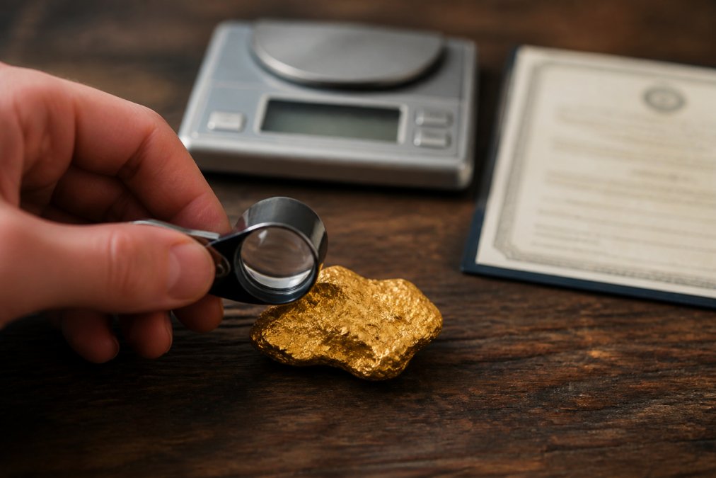 A close-up of a hand holding a jeweler's loupe inspecting a raw gold nugget on a dark wooden table, with a small digital scale and a certificate of authenticity blurred in the background