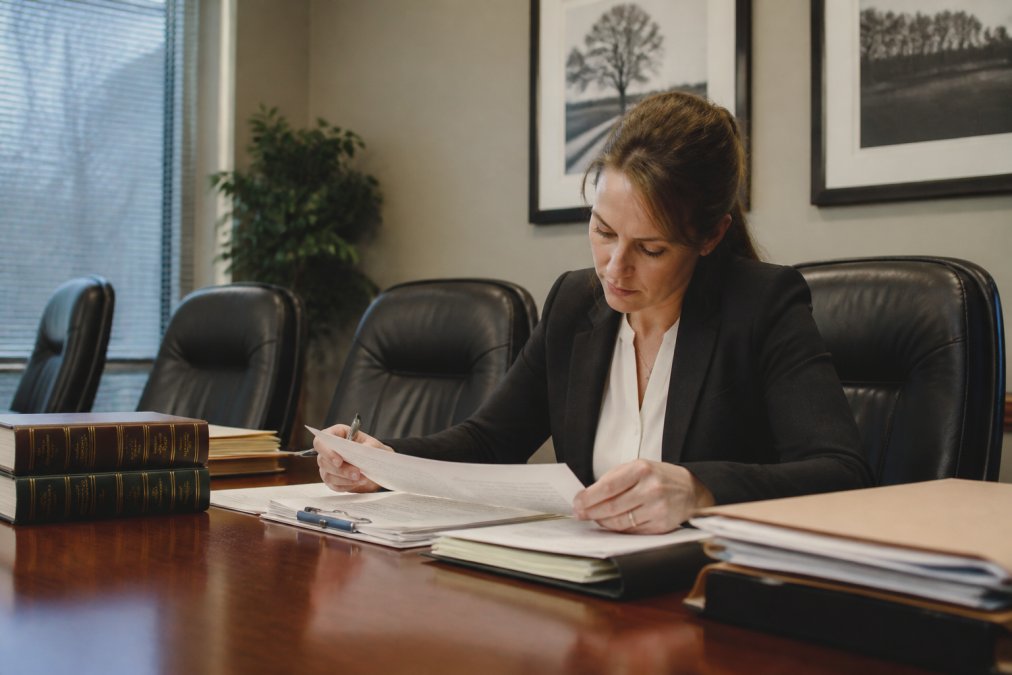 Professional attorney in business attire reviewing legal documents at a desk in a law office conference room with case files and legal references visible