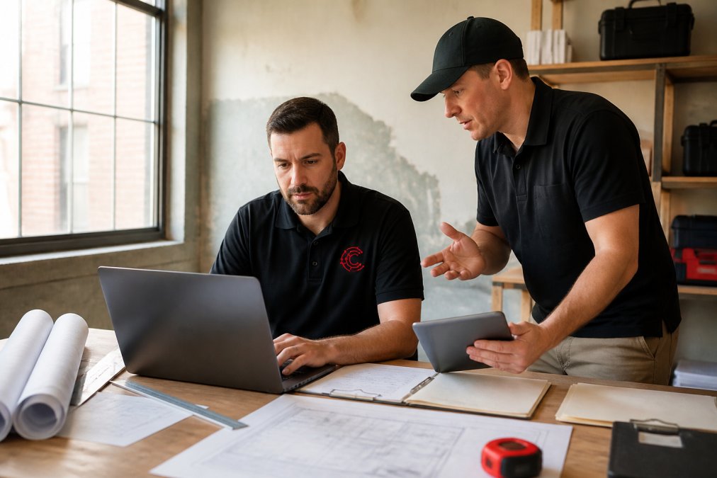 A project manager in a restoration office reviewing job progress on a laptop while a field technician discusses details on a tablet nearby, natural office lighting
