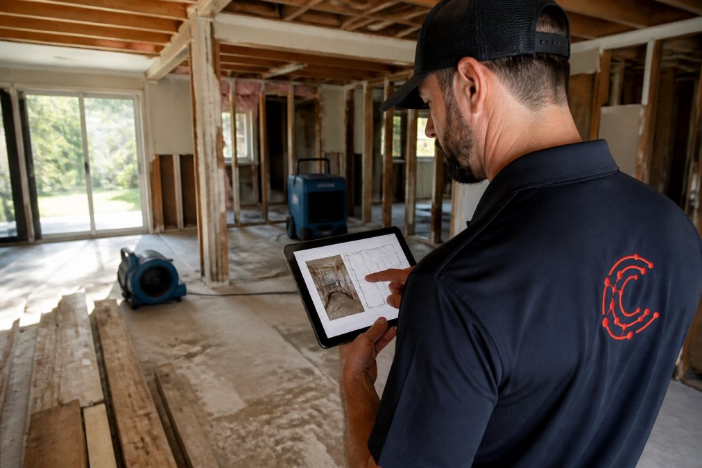 Restoration contractor on active job site using mobile device to document water damage and structural assessment, with floor plan sketches and measurement data visible on tablet screen in natural daylight