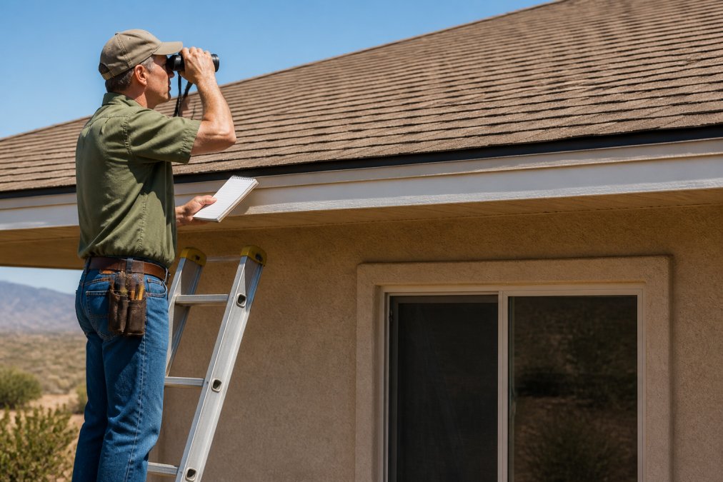 A homeowner in work clothes standing on a ladder at the edge of a single-story home, inspecting asphalt shingles with binoculars in bright high-desert sunlight, with a notepad visible in one hand
