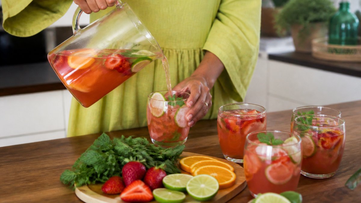 A host pouring a colorful alcohol-free mocktail from a glass pitcher into tumblers on a kitchen counter, with fresh fruit and herbs arranged beside the glasses