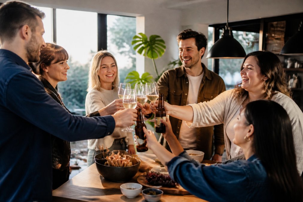 A group of friends laughing and toasting with glasses of sparkling alcohol-free wine and bottles of non-alcoholic beer at a bright, stylish kitchen party in the early evening