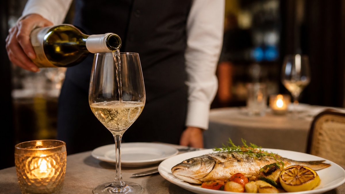 Sommelier pouring crisp Alentejo white wine into a glass beside a plate of grilled branzino and roasted seasonal vegetables in soft candlelight at an elegant restaurant table