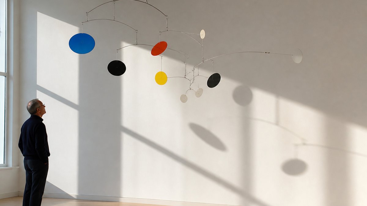 Collector viewing a suspended mobile of painted metal discs and wire in a sunlit gallery space
