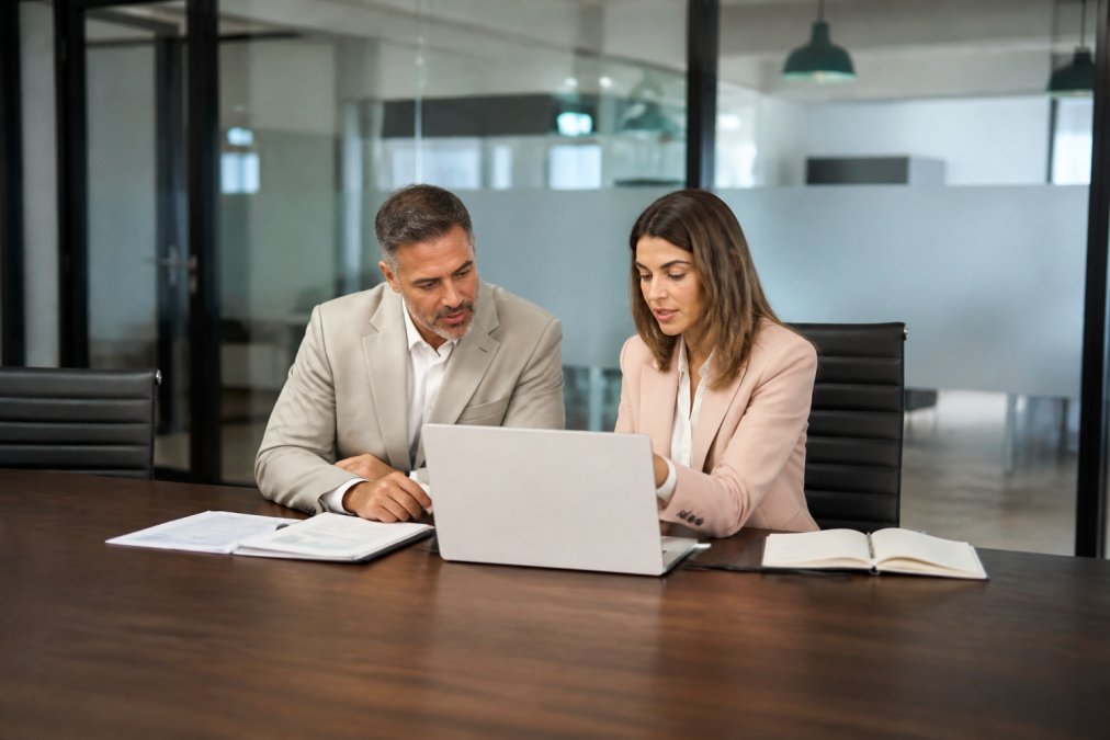 A small business owner reviewing financial documents with a lender in a modern office conference room, both looking at a laptop screen