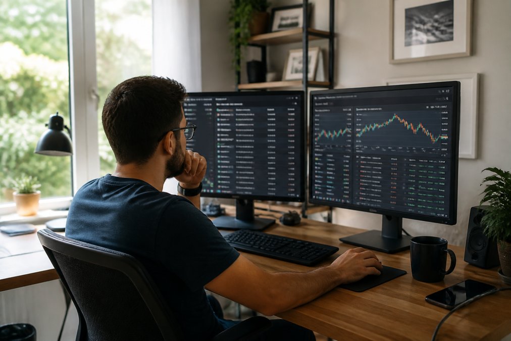Retail trader at a desk reviewing live trading performance charts and position alerts on dual monitors in a home office setting with natural daylight