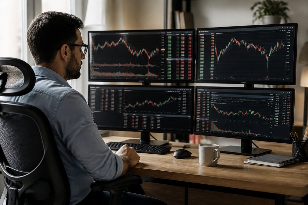 Professional trader monitoring multiple screens displaying live price charts, order books, and real-time market data in a focused home office setup with natural lighting