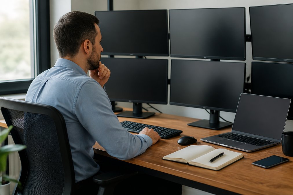 Professional trader at desk with multiple monitors displaying live trading charts, order management systems, and strategy parameters, laptop open with trading notebook nearby, natural office lighting