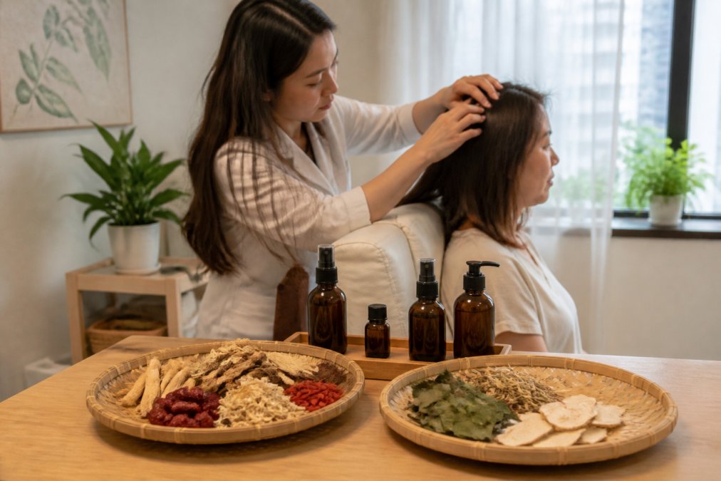 A woman receiving a gentle scalp examination from a licensed practitioner in a calm, well-lit treatment room with herbal elements visible